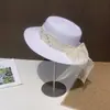 Chapéu de Palha com Topo Plano, Laço de Pérola Estilo Francês para Mulheres, Chapéu de Sol para Praia no Verão, Chapéu Estilo Férias