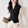 Foto Real de Camisa Chaleco Azul para Mujer, Estilo Corto de Verano, Camisa Elegante de Cintura, Cuello Elegante, Top sin Mangas de Alta Gama