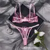 2026 Nuevo Conjunto de Lencería de Malla Bordada en Forma de Abanico Sexy Transparente Sujetador Push-up y Tanga Conjunto de Dos Piezas