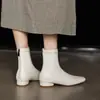 Botas finas elásticas com zíper traseiro, bico quadrado, em couro legítimo para mulheres, botas de tornozelo vintage emagrecedoras com salto baixo grosso, tamanhos 34-42