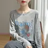 Tejido de punto fino Lyocell transfronterizo, nueva colección Primavera/Verano 2026 para mujer, corto, corte holgado, cuello redondo, estampado, manga larga, fino, de punto base