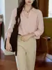 Camisa de lino Tencel color rosa Morirose para mujer, estilo otoño, con cuello camisero, frente abotonado y mangas caídas, un top versátil y elegante adecuado para el trabajo