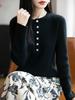 25 Años Otoño e Invierno Nuevo Lana Pura Cuello Redondo Medio Abierto Tejido de Punto Manga Larga Mujer Color Puro Botones Suelto Base Camisa Top