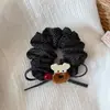 Scrunchie fofo de bolinhas estilo coreano com cachorrinho, laço e fita, um elástico de cabelo retrô e elegante para mulheres