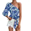 Popular Otoño Invierno 2024 Transfronterizo Estampado Mandala Un Hombro Manga Linterna Dobladillo con Cordón Camisa Top con Tirantes