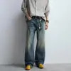 Jeans Azul Largo de Cintura Alta Tendência High Street Estilo Retrô Americano 2026 com Padrão Qi Lin
