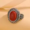 Dije Plateado S925 Plata Pura Granate Rojo Natural Forma de Huevo Incrustaciones Florales Anillo Vintage Cruz de Nepal Transfronterizo Retro
