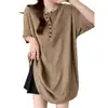 Camiseta Texturizada Brilhante Plus Size de Manga Curta para Mulheres, Novo Estilo Verão 2025, Caimento Solto, Blusa Emagrecimento com Botões