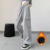 Calças de Trabalho Cinzas para Mulheres, Novo Estilo Primavera 2026, Calças Esportivas Casuais Petite, Forradas com Fleece, Calças Largas Soltas para Mulheres