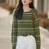 Suéter de punto casual a rayas para mujer, algodón puro, cuello redondo, hombros caídos, corte holgado, simple y versátil para el uso diario, mangas largas, estilo pullover