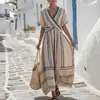 Verão 2026 Nova Roupa Feminina Casual Design Vestido Elegante Casual Solto Listrado Gola V Longo