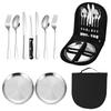 Set portátil de plato, cuchillo, tenedor y cuchara, pinza para bistec, camping, picnic, vajilla para dos personas, bolsa para cubiertos de acero inoxidable para exteriores