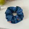 Scrunchie Dupla Camada Floral Azul Profundo Estilo Coreano para Mulheres, Versátil de Alta Qualidade, Lenço Quadrado Retro Grande para Rabo de Cavalo Baixo, Acessório de Cabelo