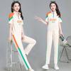 Conjunto Esportivo Casual para Mulheres Verão Transfronteiriço Novo Tamanho Grande Fashionável Cor Contrastante Redutor de Idade Manga Curta Calças Conjunto de Duas Peças