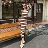 Nuevo Vestido Base de Punto con Rayas Cafés, Manga Larga, Estilo Coreano Elegante, Ceñido a la Cintura, Adelgazante, para Mujer, Otoño/Invierno 2026