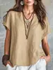 Top de mujer de color liso estilo europeo y americano con cuello en V 2026 primavera/verano camisa lino Amazon casual holgado manga corta transfronterizo