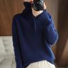 Tricô Inverno Gola Alta Meio Zíper Azul Klein, Estilo Casual Preguiçoso Simples Versátil Tricô Estilo Ocidental