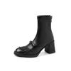 Botas Curtas Estilo Britânico com Franjas Mary Jane Finas 2025 Outono e Inverno Salto Alto Grosso Bico Redondo Couro Bovino Elástico para Mulheres Tamanho Grande 42