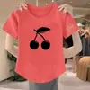 Camiseta Casual Feminina com Estampa de Cerejas, Manga Curta, Nova Coleção Verão 2024, Simples, Gola Redonda, Slim Fit