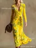 Vestido Transfronteiriço Novo Estilo com Decote em V e Mangas Longas com Elementos de Impressão Digital 3D, Saia Fashion e Personalizada para Marcar a Cintura para Mulheres