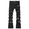 Jeans para Hombre Azules Rasgados Ajustados Elásticos Estampados y Teñidos Estilo Punk Retro de Comercio Exterior de Alta Calidad
