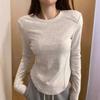 Camiseta de manga larga con cuello redondo y hombros descubiertos, color blanco leche y gris, para mujer, para principios de otoño e invierno.