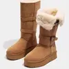Botas de neve longas cinzas com forro de fleece e sola grossa para mulheres, novo modelo de inverno 2026, cano alto, dobráveis, de uso duplo, sapatos quentes de algodão