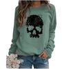 Blusa Estampada com Caveira Gola Redonda Solta Manga Longa Pulôver Casual Roupa Feminina