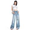 SS & Jeans Rotos Retro Americanos Pantalones Rectos Slim de Cintura Alta Sueltos para Mujer Pantalones Casuales de Trapeador Pantalones Azules
