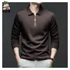 Popular Camisa Polo Cepillada de Media Cremallera Manga Larga para Hombre Cuello Solapa Primavera y Otoño Seda de Morera Tops para Hombres de Mediana Edad Camiseta
