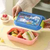 Lonchera de Plástico con Compartimentos de Dibujos Animados para Niños, Caja de Snacks de Frutas, Lonchera para Estudiantes con Tapa, Cubiertos, Tenedor y Cuchara