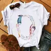Deseo ebay comercio exterior mujeres europeas y americanas holgada cuello redondo estampado de pájaro blanco manga corta camiseta cuello redondo