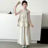Conjunto de Verão para Meninas 2026 Novo Estiloso Top sem Mangas com Gola Alta e Calça de Pernas Largas, Conjunto de Duas Peças Novo Estilo Chinês Super Estiloso
