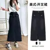 Saia Midi Jeans Rasgado Cinza-Preto Feminina Outono Plus Size para Meninas Cheinhas Cintura Alta Emagrecedora Saia Reta A-line no Quadril