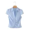Ropa de Mujer Transfronteriza 2026 Moda Europea y Americana Ajustada de Algodón Estampado de Lunares Blusa Plisada de Manga Corta para Mujer M87020