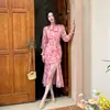 Comércio Exterior Roupas Femininas Foto Real 2025 Novo Estilo Chiffon de Seda Floral Saia Cauda de Peixe Fenda Cintura Emagrecedor Moda Vestido