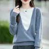 Novos Tops Color Block de Gola V Falso Duas Peças 100% Lã Pura para Mulheres, Camisas Base Soltas de Caxemira Francesa, Outono e Inverno 2025