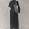 Vestido Feminino Cruzado Europeu e Americano Novo Sexy com Renda Revelando a Cintura Cravejado com Diamantes Estilo Lady Bandagem para Festa Vestido de Noite
