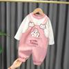 Versión coreana de conjunto de pantalones con tirantes de primavera y otoño para niños y niñas, conjunto de dos piezas de manga larga para niños con dibujos animados, fabricantes en nombre de