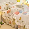 Juego de falda de cama de cuatro piezas 100% algodón con encaje y estampados florales, estilo princesa, para camas individuales y dobles, funda nórdica 1.8m juego estilo falda de cama de algodón puro