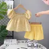 Conjunto Floral de Verão com Mangas Bufantes para Meninas 2025 Novo Estilo Moda Infantil Conjunto de Duas Peças de Manga Curta para o Verão
