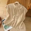 En stock Camisa Nueva Estilo Chino de Botones Cruzados para Mujer Verano Delgada Cuello Redondo Top Artístico Versátil Elegante Camisa de Color Sólido para Mujer