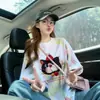 Camiseta Holgada de Algodón Puro Color Dopamina con Graffiti para Mujer, Estampado Lindo de Gato, Top de Moda de Largo Medio que Reduce la Edad