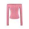 Ropa de mujer de estilo europeo y americano transfronteriza INS al por mayor: Camiseta básica fina de manga larga, hombros descubiertos, ajuste ceñido, con botones de concha, pura y seductora