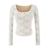 Camiseta feminina puramente sedutora com gola em U e mangas compridas com acabamento em renda, para verão e outono, elegante, justa ao corpo, jacquard, acinturada, top sexy