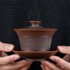 Patrón de Cuchillo de Cerámica Morada Puede Flotar sobre Tazón Cubierto de Tres Talentos, Hecho a Mano Pura Vajilla Grande de Gama Alta Retro Juego de Té Kung Fu Tazón de Té