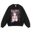 Sudadera con capucha estampada de personaje de anime japonés, efecto desgastado y lavado, disponible en stock para hombres y mujeres, estilo callejero con hombros caídos, top holgado, comercio exterior
