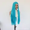 Peluca de encaje sintético azul con cabello largo y liso, encaje frontal 13*4, atada a mano, fibra mate de alta temperatura, peluca completa