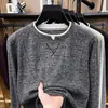 Suéter de Tricô Patchwork Gola Redonda Manga Longa Estilo Old Money para Homens, Camisa Base T-Shirt Casual Simples Moda Primavera e Outono para Homens