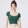 Tops de Yoga Transfronteiriços para Mulheres, Manga Curta, com Bojo, Justos, Camisetas Modeladoras, Treinamento de Pilates, Roupa Esportiva Casual para Yoga